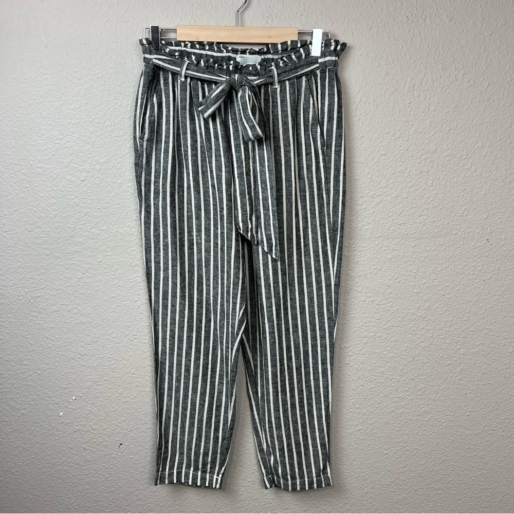 𝅺Abound Belted Linen Blend Black and White Striped Pants Sz M